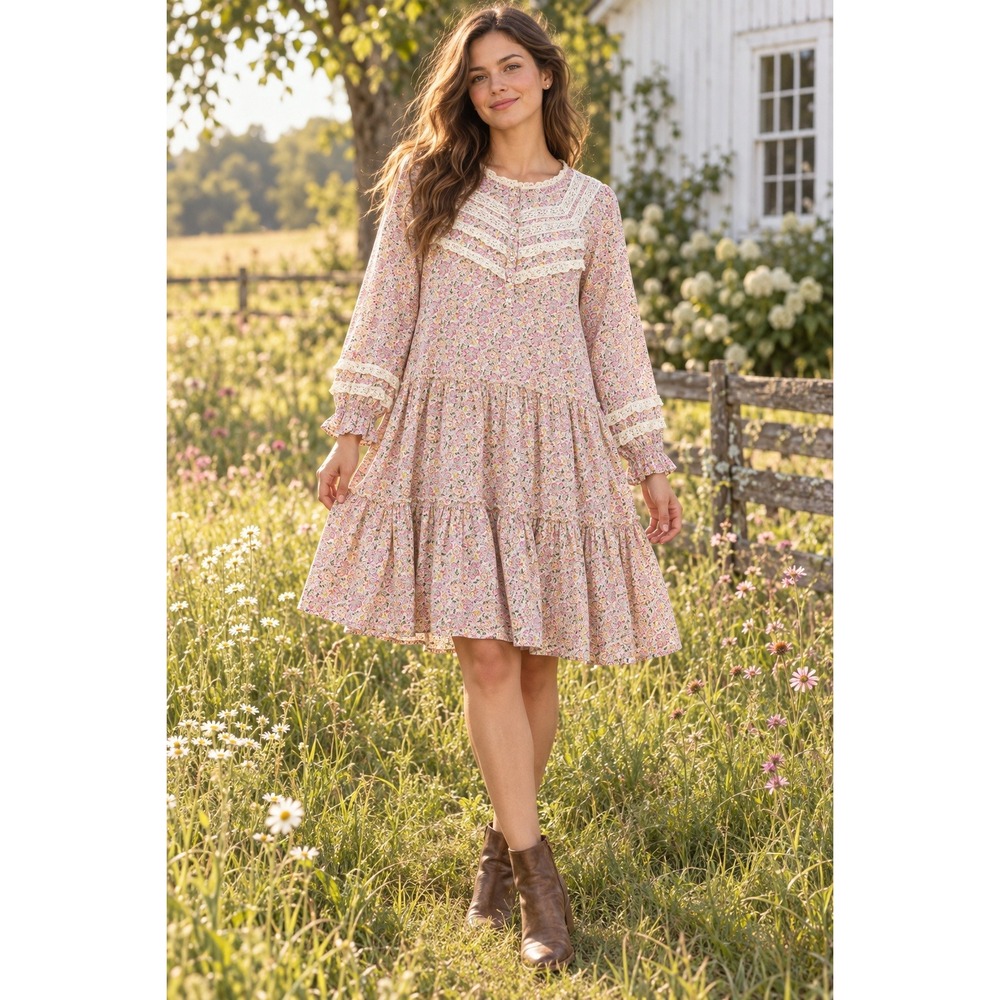 Sundance Prairie Dress Ruffle Lace Ditsy Floral Pink Women S Cottagecore Boho
